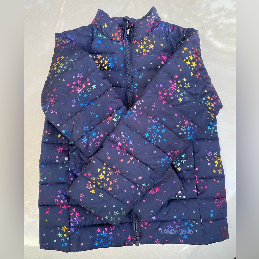 ThermoPlume packable puffer jacket from Lands’ End, Navy with glitter stars, 4